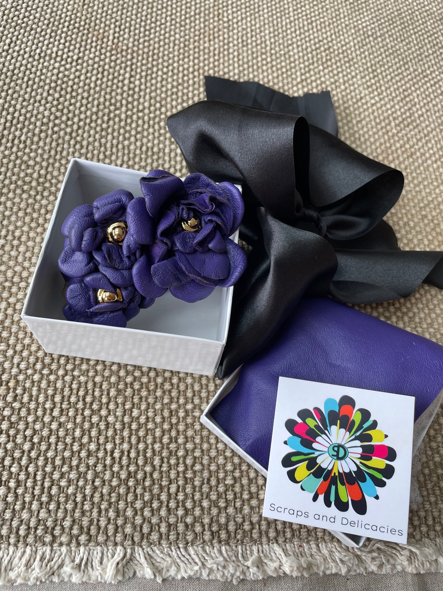 3D Floral Premium Leather Cuff in Black