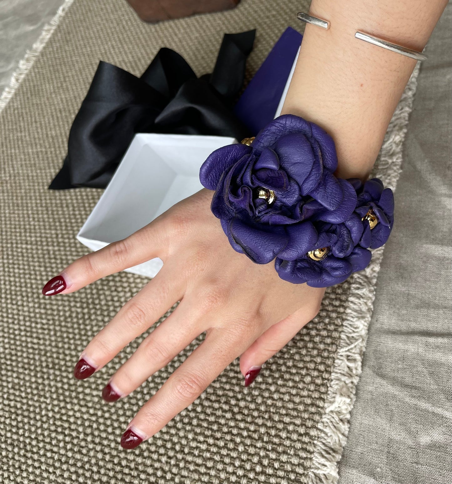 3D Floral Premium Leather Cuff in Black