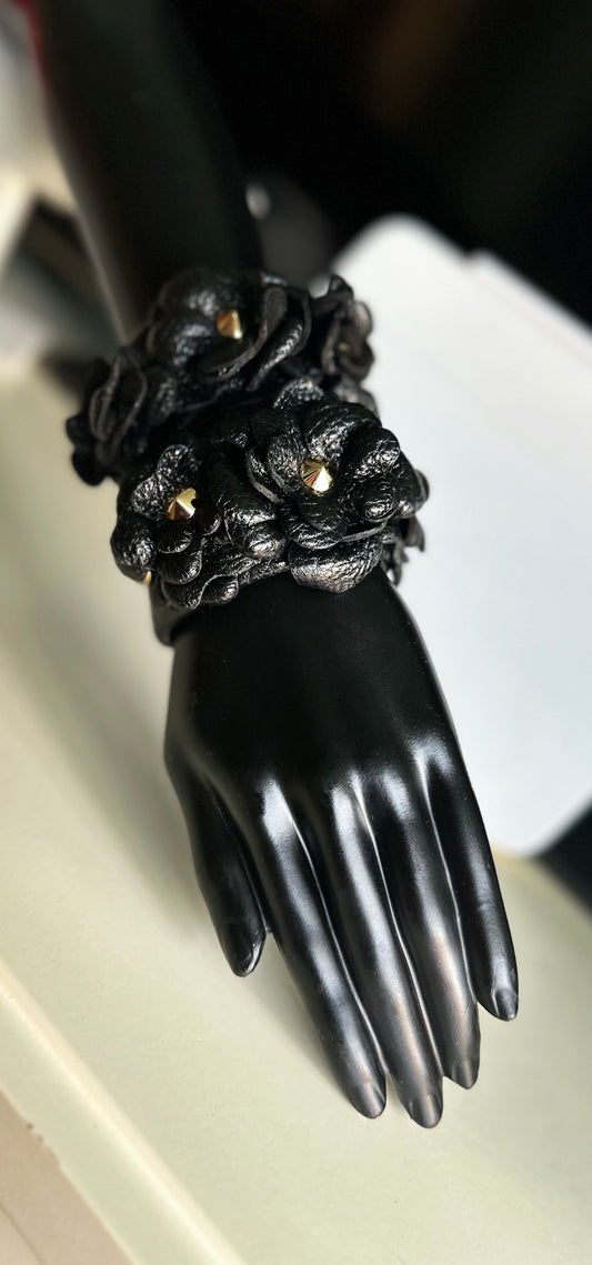 3D Floral Premium Leather Cuff in Black