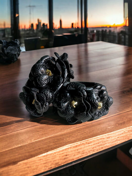 3D Floral Premium Leather Cuff in Black (pair)