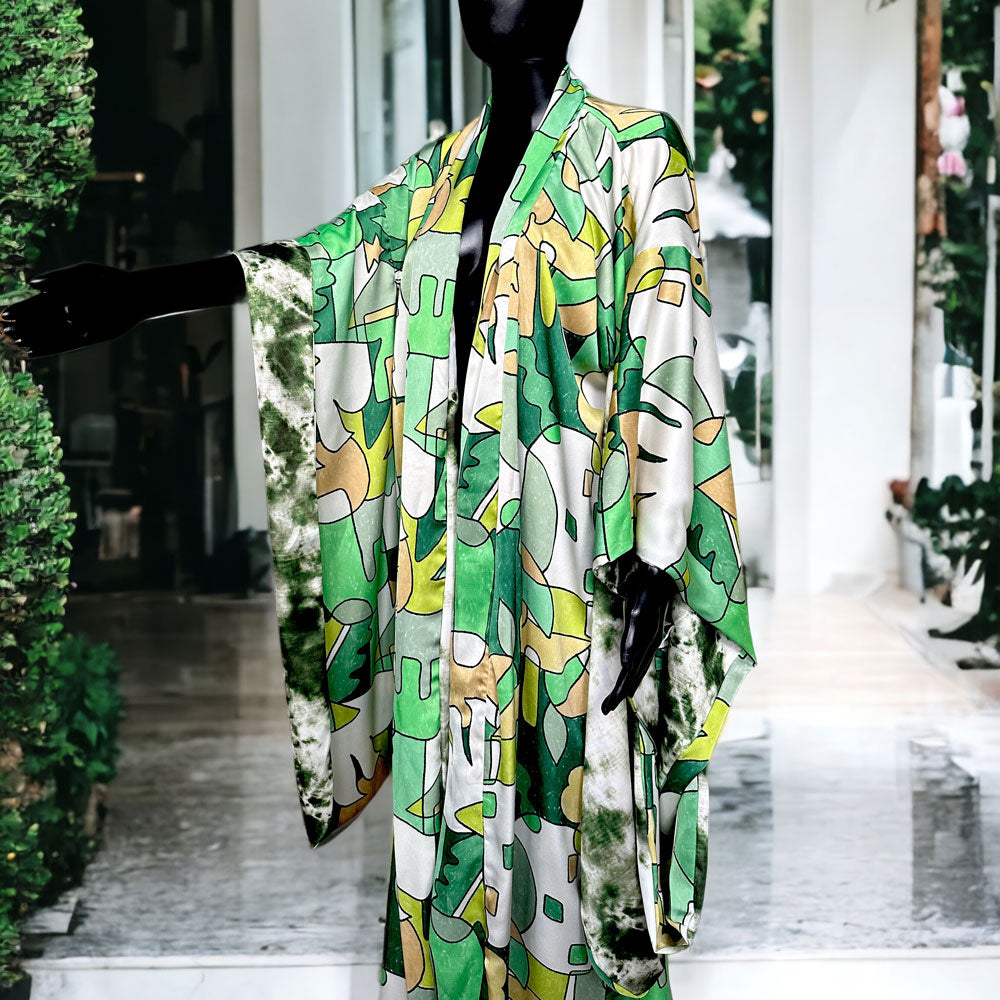 Abstract Green and Tie Dye Reversible Kimono