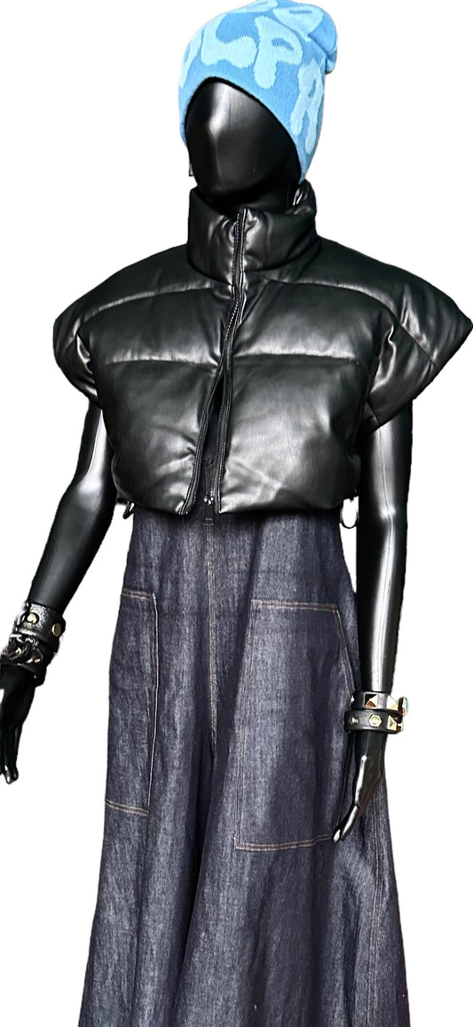 Super Cropped PU Leather Vest in Darkest Black