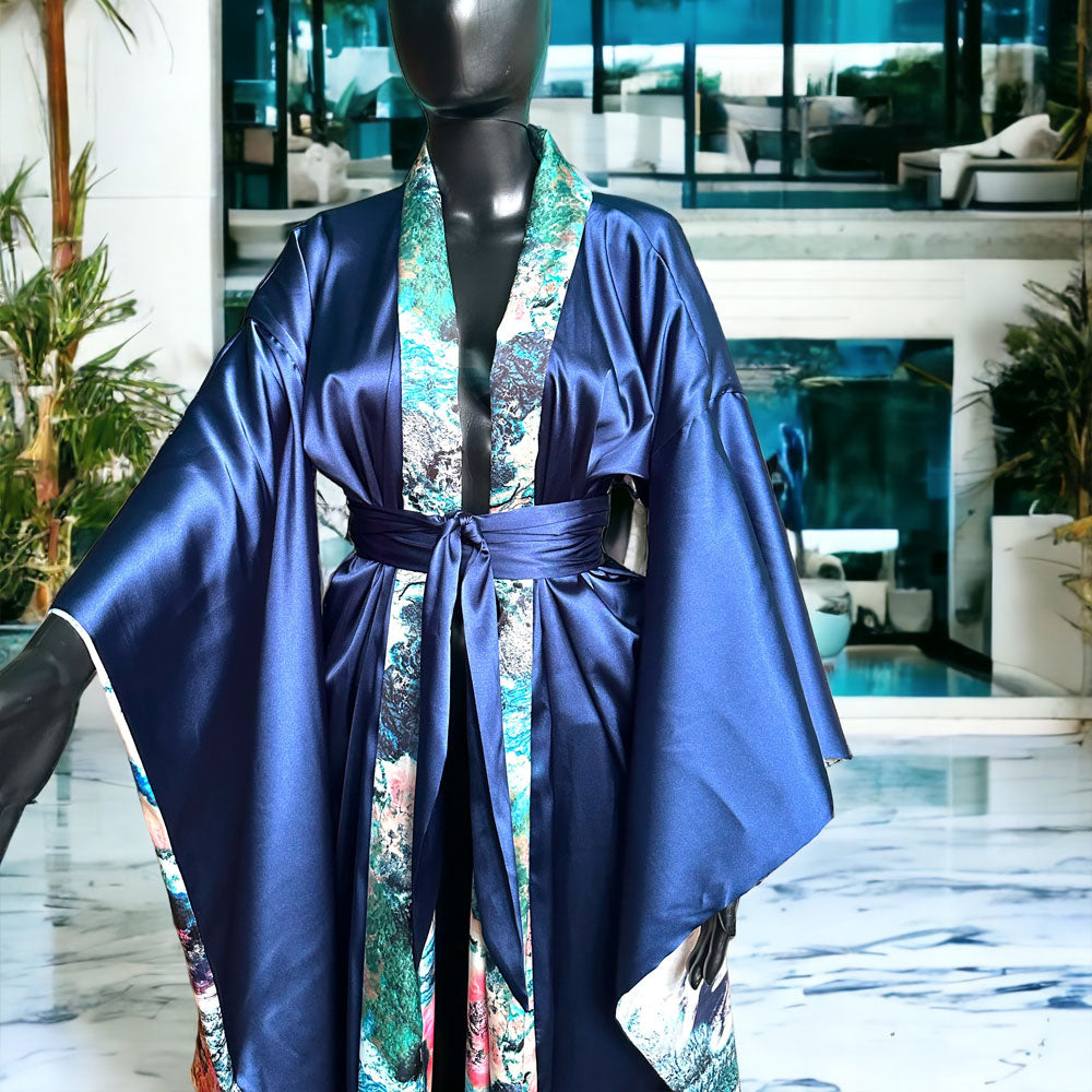 Abstract Sea and Navy Reversible Kimono